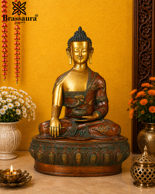 Brassaura® Buddha Bhumisparsha Mudra Sitting Idol with Antique Green & Gold Finish | Pure Superfine Brass Handcrafted Murti | Brass Statue for Home Temple, Pooja Room | Height 32 Inches | Weight 43 Kgs
