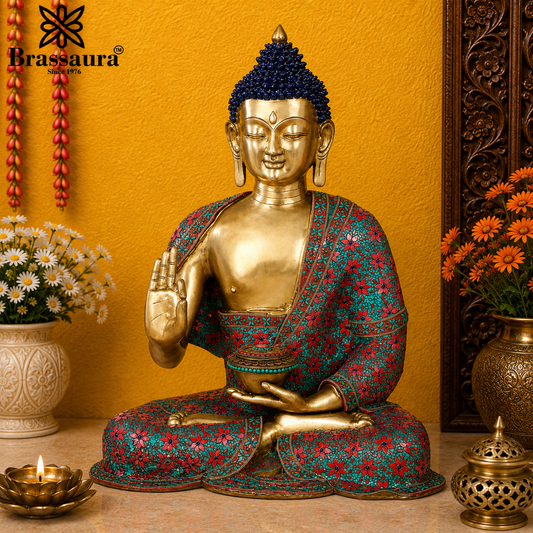 Brassaura® Buddha Sitting in Blessing Mudra Idol with Gem Stone Work Finish | Pure Superfine Brass Handcrafted Murti | Brass Statue for Home Temple, Pooja Room | Height 28 Inches | Weight 37 Kgs
