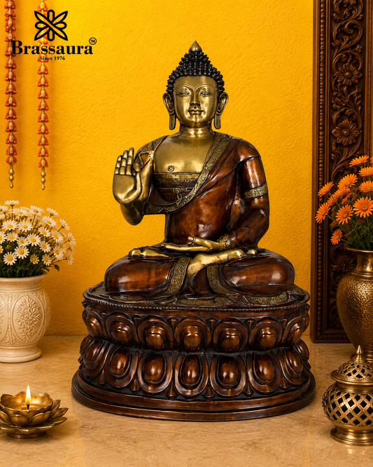 Brassaura® Buddha Sitting in Blessing Mudra Idol with Antique Brown & Gold Finish | Pure Superfine Brass Handcrafted Murti | Brass Statue for Home Temple, Pooja Room | Height 48 Inches | Weight 91 Kgs