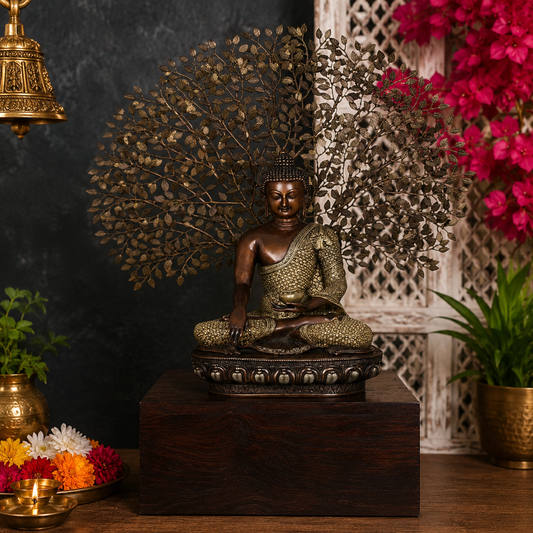 Brassaura® Buddha Bhumisparsha Mudra Sitting with Tree Idol with Antique Finish | Pure Superfine Brass Handcrafted Murti | Brass Statue for Home Temple, Pooja Room | Height 42 Inches | Weight 48 Kgs