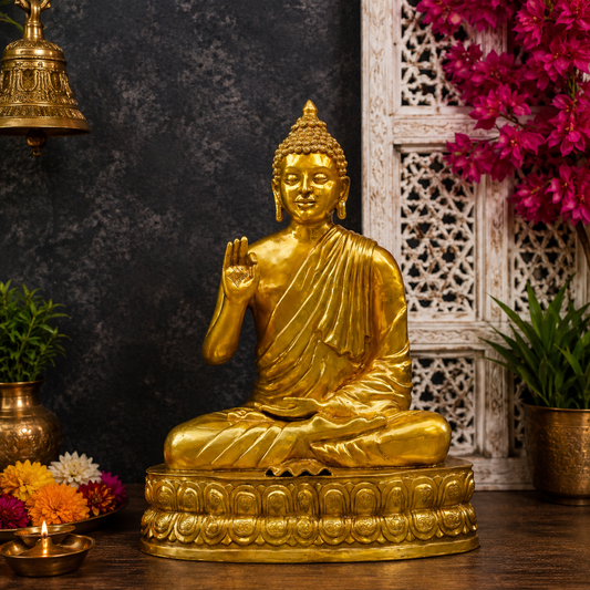 Brassaura® Buddha Sitting in Blessing Mudra Idol with Royal Golden Finish and Base | Pure Superfine Brass Handcrafted Murti | Brass Statue for Home Temple, Pooja Room | Height 56 Inches | Weight 150 Kgs