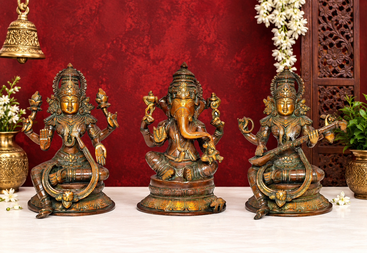 Brassaura® Multicolor Lakshmi Ganesha Saraswati Statue with Traditional Multi-Tone Finish | Pure Superfine Brass Handcrafted Murti | Brass Statue for Home Temple, Pooja Room | Height 10 Inches | Weight 14.15 Kgs