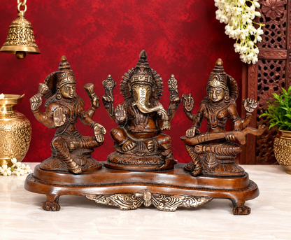 Brassaura® Multicolor Lakshmi Ganesha Saraswati Idol with Artistic Finish | Pure Superfine Brass Handcrafted Murti | Brass Statue for Home Temple, Pooja Room | Height 6.5 Inches | Weight 3.16 Kgs