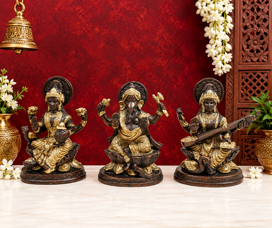 Brassaura® Brass Lakshmi Ganesh Saraswati Statue | Height 5 Inches & Weight 2.49 kg