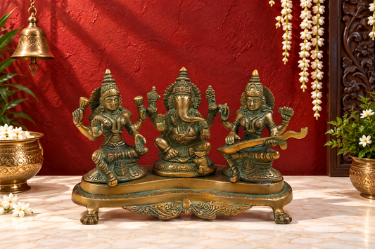 Brassaura® Natural Brass Lakshmi Ganesha Saraswati Idol Set with Temple-Style Detailing | Pure Superfine Brass Handcrafted Murti | Brass Statue for Home Temple, Pooja Room | Height 6 Inches | Weight 3 Kgs