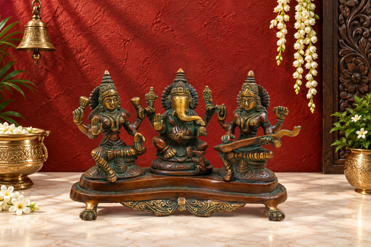 Brassaura® Natural Brass Lakshmi Ganesha Saraswati Idol Set with Temple-Style Detailing | Pure Superfine Brass Handcrafted Murti | Brass Statue for Home Temple, Pooja Room | Height 6 Inches | Weight 3 Kgs