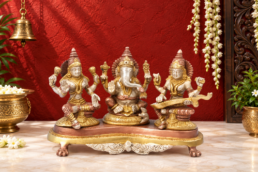 Brassaura® Natural Brass Lakshmi Ganesha Saraswati Idol Set with Temple-Style Detailing | Pure Superfine Brass Handcrafted Murti | Brass Statue for Home Temple, Pooja Room | Height 6 Inches | Weight 3 Kgs