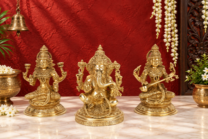ब्रासौर® पीतल लक्ष्मी गणेश सरस्वती मूर्ति | ऊंचाई 10.8 इंच और वजन 17.99 किलोग्राम