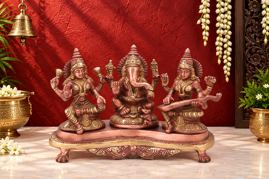Brassaura® Natural Brass Lakshmi Ganesha Saraswati Idol Set with Temple-Style Detailing | Pure Superfine Brass Handcrafted Murti | Brass Statue for Home Temple, Pooja Room | Height 6 Inches | Weight 3 Kgs