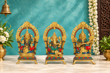 Brassaura® Lakshmi Ganesha Saraswati Idol Set with Intricate Gemstone Work | Pure Superfine Brass Handcrafted Murti | Brass Statue for Home Temple, Pooja Room | Height 8 Inches | Weight 4.5 Kgs
