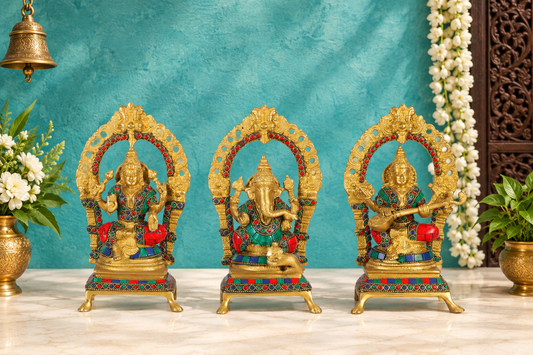 Brassaura® Lakshmi Ganesha Saraswati Idol Set with Intricate Gemstone Work | Pure Superfine Brass Handcrafted Murti | Brass Statue for Home Temple, Pooja Room | Height 8 Inches | Weight 4.5 Kgs