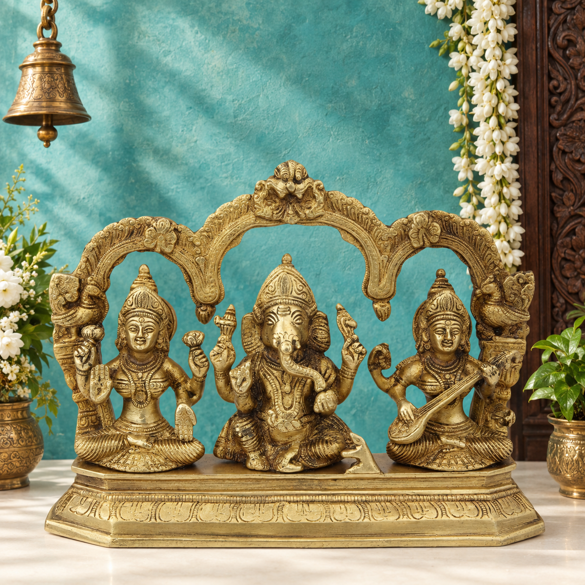 Brassaura® ब्रास एंटीक लक्ष्मी गणेश सरस्वती मूर्ति - ऊंचाई 7 इंच | घर और मंदिर की मूर्ति