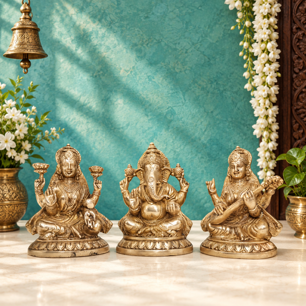 ब्रासौड़ा® सुरुचिपूर्ण पीतल की प्राचीन लक्ष्मी गणेश सरस्वती प्रतिमा – ऊंचाई 7.5 इंच | मंदिर की सजावट