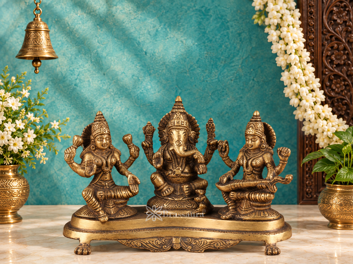 ब्रासौड़ा® हस्तनिर्मित पीतल की प्राचीन लक्ष्मी गणेश सरस्वती प्रतिमा - ऊंचाई 6.5 इंच | भक्तिपूर्ण सजावट,