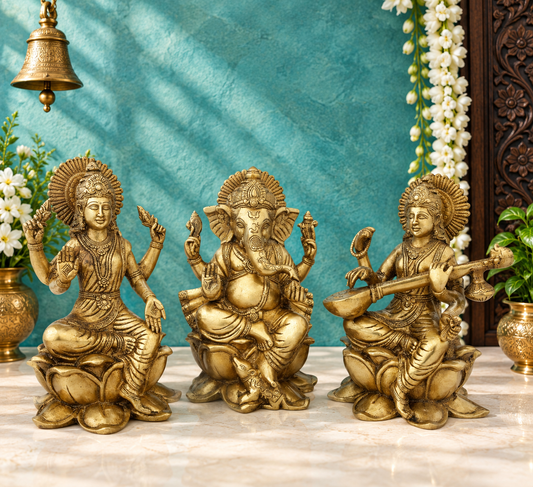 Brassaura® प्रीमियम ब्रास एंटीक लक्ष्मी गणेश सरस्वती आइडल – ऊँचाई 11 इंच | हिंदू भगवान की मूर्ति
