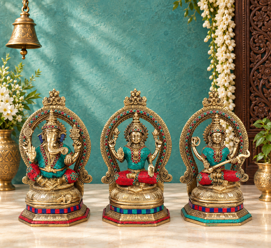 Brassaura® Lakshmi Ganesha Saraswati Idol with Intricate Gemstone Work | Pure Superfine Brass Handcrafted Murti | Brass Statue for Home Temple, Pooja Room | Height 11.5 Inches | Weight 12.6 Kgs