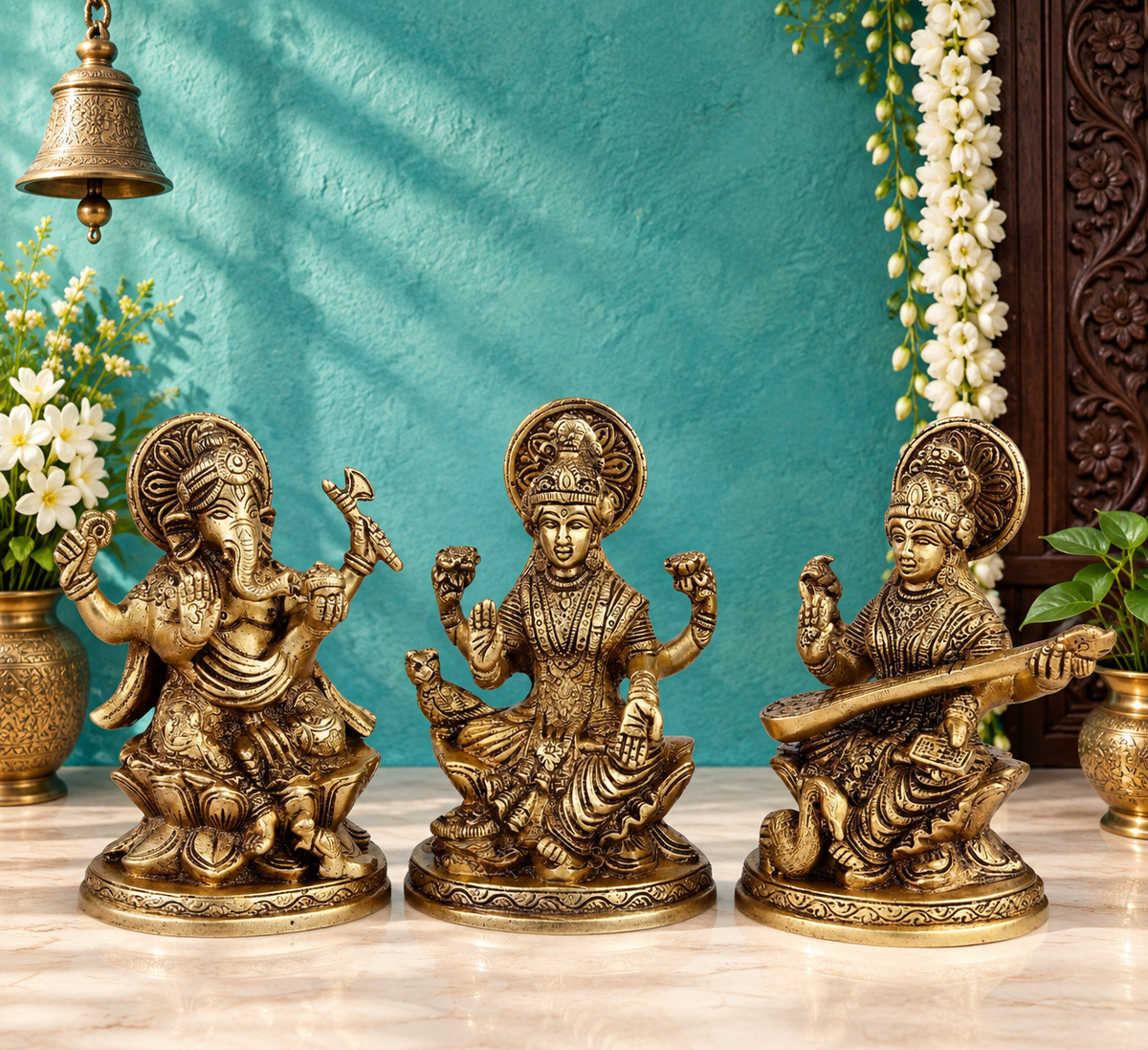 Brassaura® Lakshmi Ganesha Saraswati Idol Set | Pure Superfine Brass Handcrafted Murti | Brass Statue for Home Temple, Pooja Room | Height 5 Inches | Weight 2.85 Kgs