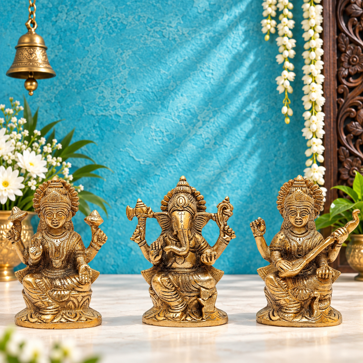 Brassaura® ब्रास लक्ष्मी गणेश सरस्वती आइडल - ऊंचाई 5 इंच | घर और मंदिर की मूर्ति