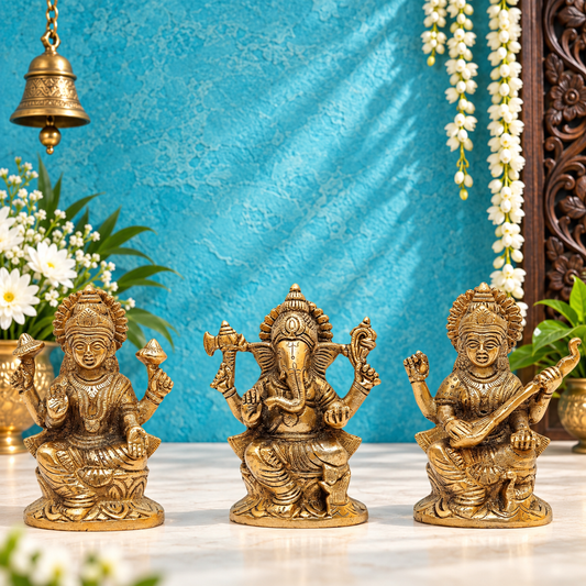 Brassaura® Lakshmi Ganesha Saraswati Idol Set | Pure Superfine Brass Handcrafted Murti | Brass Statue for Home Temple, Pooja Room | Height 5 Inches | Weight 3.3 Kgs