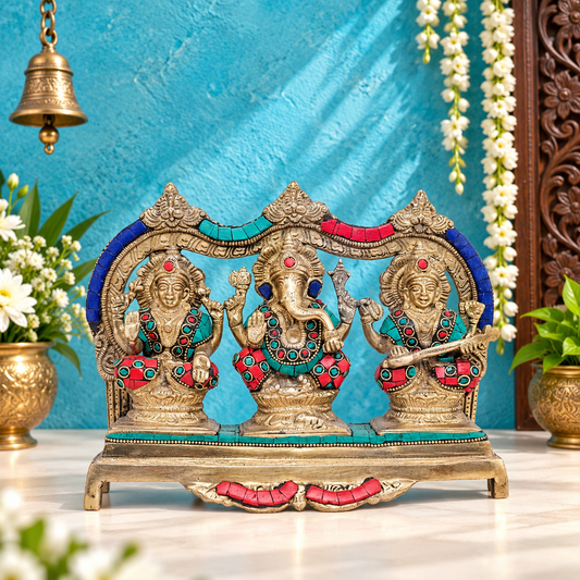 Brassaura® Lakshmi Ganesha Saraswati Idol with Intricate Gemstone Work | Pure Superfine Brass Handcrafted Murti | Brass Statue for Home Temple, Pooja Room | Height 7 Inches | Weight 3.8 Kgs