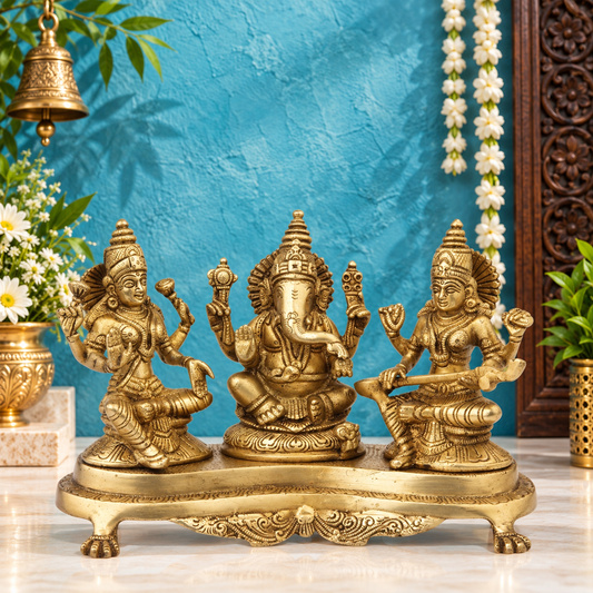 Brassaura® ट्रेडिशनल ब्रास लक्ष्मी गणेश सरस्वती मूर्ति - ऊंचाई 7 इंच