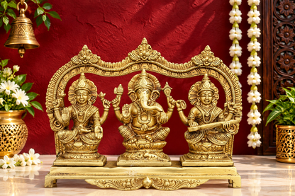 Brassaura® Lakshmi Ganesha Saraswati Idol | Pure Superfine Brass Handcrafted Murti | Brass Statue for Home Temple, Pooja Room | Height 7.9 Inches | Weight 3.8 Kgs
