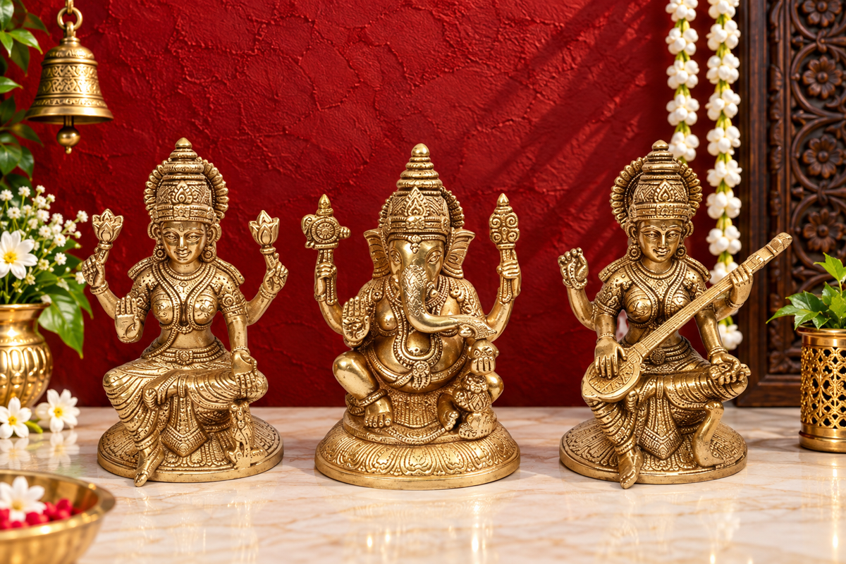 Brassaura® Lakshmi Ganesha Saraswati Idol with Intricate Traditional Detailing | Pure Superfine Brass Handcrafted Murti | Brass Statue for Home Temple, Pooja Room | Height 7.2 Inches | Weight 4.8 Kgs