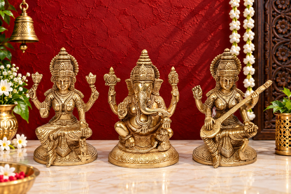 Brassaura® Lakshmi Ganesha Saraswati Idol with Intricate Traditional Detailing | Pure Superfine Brass Handcrafted Murti | Brass Statue for Home Temple, Pooja Room | Height 7.2 Inches | Weight 4.8 Kgs
