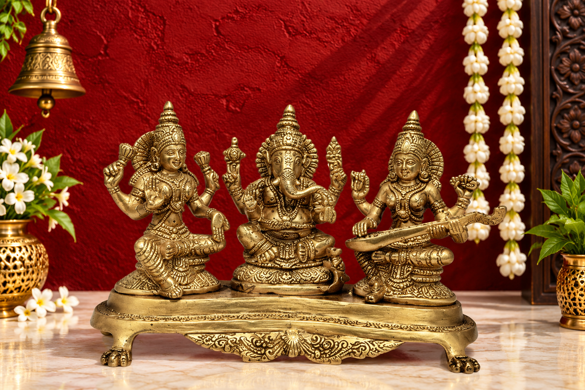 Brassaura® Lakshmi Ganesha Saraswati Idol with Intricate Traditional Detailing | Pure Superfine Brass Handcrafted Murti | Brass Statue for Home Temple, Pooja Room | Height 8 Inches | Weight 3.1 Kgs
