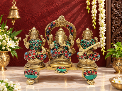 Brassaura® Artistic Brass Gemstone Lakshmi Ganesha Saraswati Statue | Pure Superfine Brass Handcrafted Murti | Brass Statue for Home Temple, Pooja Room | Height 7.6 Inches | Weight 1.35 Kgs