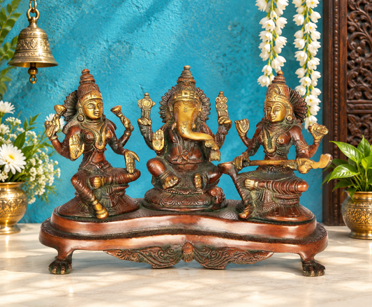 Brassaura® Lakshmi Ganesha Saraswati Idol | Pure Superfine Brass Handcrafted Murti | Brass Statue for Home Temple, Pooja Room | Height 8 Inches | Weight 3.1 Kgs