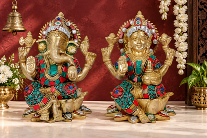 Brassaura® Artistic Lakshmi Ganesha Statue with Gemstone Work | Pure Superfine Brass Handcrafted Murti | Brass Statue for Home Temple, Pooja Room | Height 8.8 Inches | Weight 5.1 Kgs