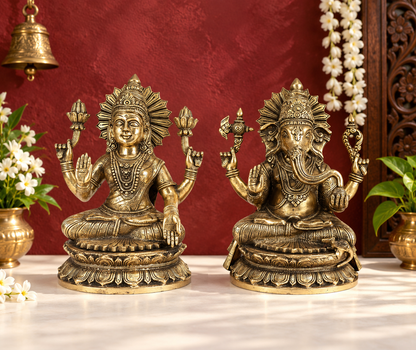 Brassaura® Lakshmi Ganesha Murti with Intricate Traditional Detailing | Pure Superfine Brass Handcrafted Murti | Brass Statue for Home Temple, Pooja Room | Height 3.94 Inches | Weight 12 Kgs