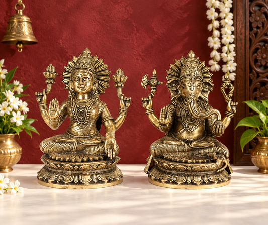 Brassaura® Lakshmi Ganesha Murti with Intricate Traditional Detailing | Pure Superfine Brass Handcrafted Murti | Brass Statue for Home Temple, Pooja Room | Height 3.94 Inches | Weight 12 Kgs