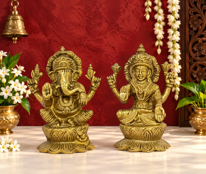 Brassaura® Traditional Lakshmi Ganesha Murti | Pure Superfine Brass Handcrafted Murti | Brass Statue for Home Temple, Pooja Room | Height 4.4 Inches | Weight 1.6 Kgs