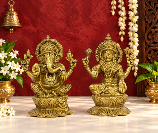 Brassaura® Traditional Lakshmi Ganesha Murti | Pure Superfine Brass Handcrafted Murti | Brass Statue for Home Temple, Pooja Room | Height 4.4 Inches | Weight 1.6 Kgs