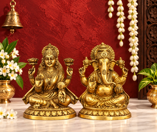 Brassaura® Lakshmi Ganesha Idol Pair with Antique Golden Finish | Pure Superfine Brass Handcrafted Murti | Brass Statue for Home Temple, Pooja Room | Height 8 Inches | Weight 5.5 Kgs