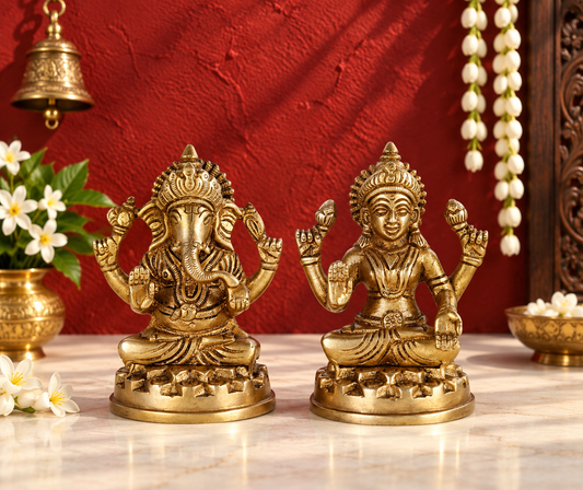 Brassaura® Lakshmi Ganesha Idol | Pure Superfine Brass Handcrafted Murti | Brass Statue for Home Temple, Pooja Room | Height 4 Inches | Weight 1.8 Kgs