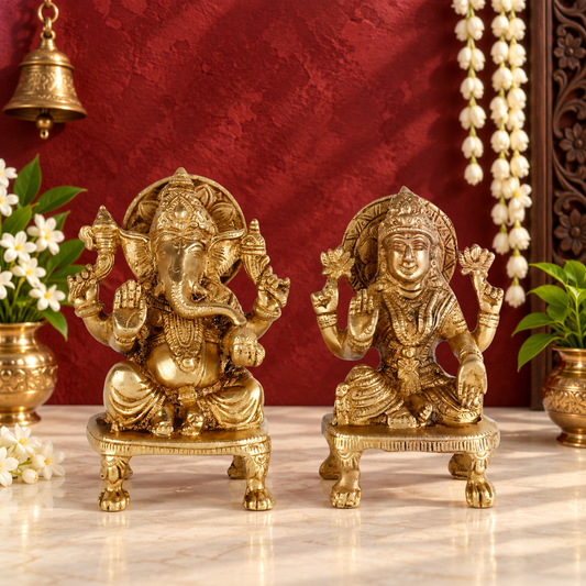 Brassaura® Lakshmi Ganesha Idol | Pure Superfine Brass Handcrafted Murti | Brass Statue for Home Temple, Pooja Room | Height 5.5 Inches | Weight 1.8 Kgs