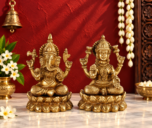 Brassaura® Traditional Lakshmi Ganesha Idol | Pure Superfine Brass Handcrafted Murti | Brass Statue for Home Temple, Pooja Room | Height 5 Inches | Weight 2.9 Kgs