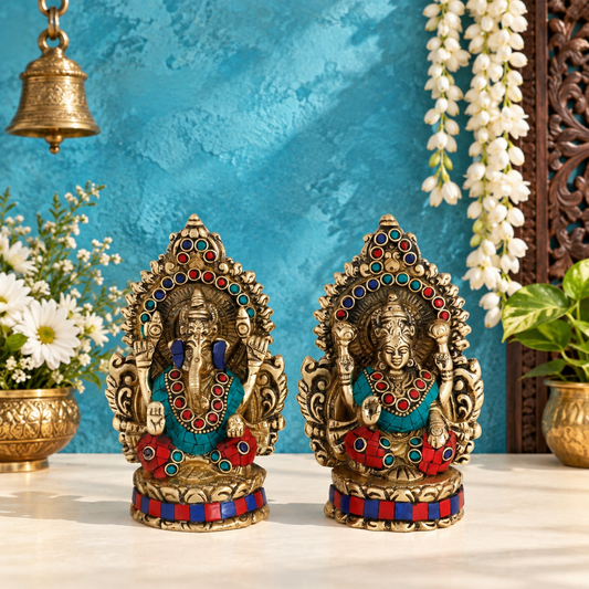 Brassaura® Gemstone Work Lakshmi Ganesha Idol | Pure Superfine Brass Handcrafted Murti | Brass Statue for Home Temple, Pooja Room | Height 5.5 Inches | Weight 1.8 Kgs