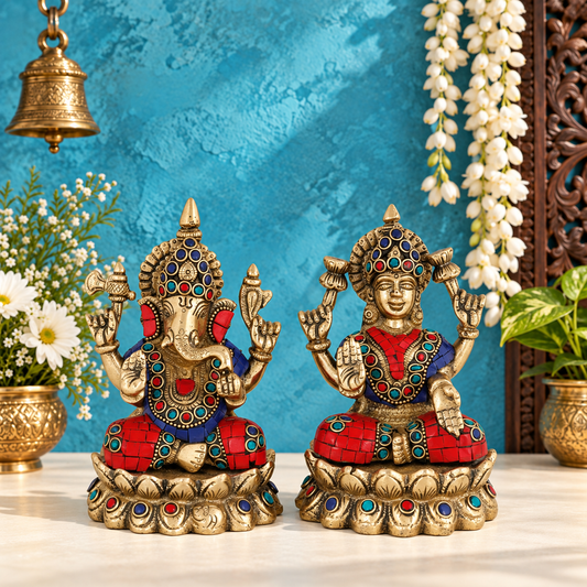 Brassaura® Traditional Gemstone Work Lakshmi Ganesha Murti | Pure Superfine Brass Handcrafted Murti | Brass Statue for Home Temple, Pooja Room | Height 5 Inches | Weight 2.9 Kgs