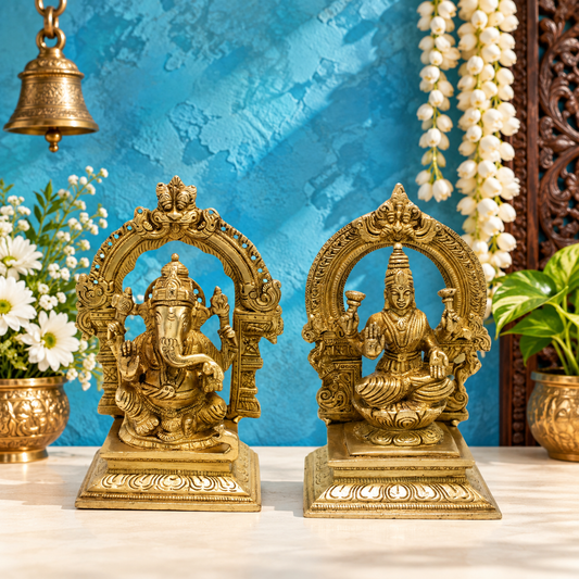 Brassaura® Brass Lakshmi Ganesha Throne Idol Set | Divine Prosperity & Wisdom Murti |Weight: 3 Kgs | Height 7 Inches