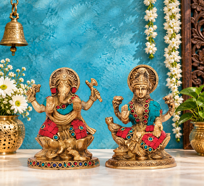 Brassaura® Lakshmi Ganesha Gemstone Brass Idol Set | Handcrafted Divine Blessing Murti |Weight: 2 Kgs| Height 5 Inches
