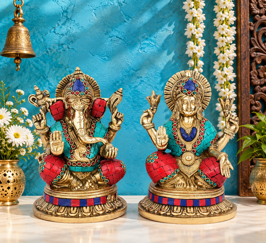 Brassaura® Lakshmi Ganesha Gemstone Brass Idol Set | Sacred Handmade Brass Murti Pair | Height 8.5 Inches|Weight: 6.2 Kgs