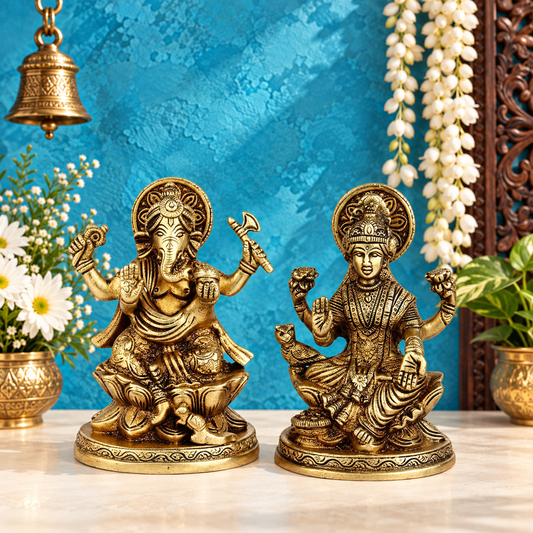 Brassaura® Lakshmi Ganesha Brass Idol Set | Traditional Handmade Divine Murti Pair |Weight: 1.9 Kgs| Height 5 Inches