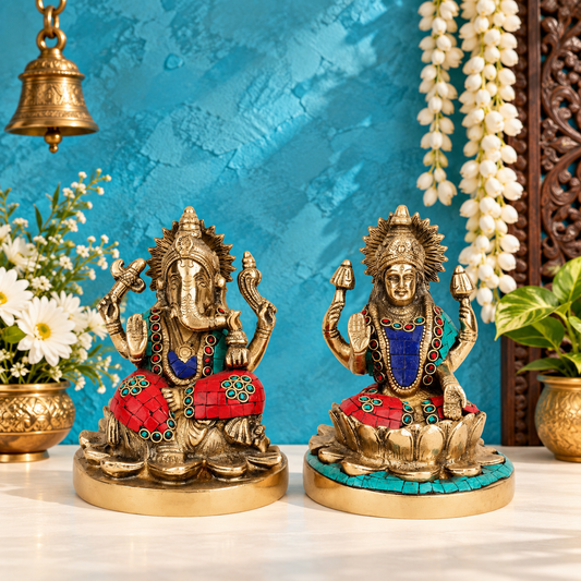 Brassaura® Lakshmi Ganesha Gemstone Brass Idol Set |Weight: 3.6 Kgs| Handcrafted Auspicious Murti Pair | Height 6.5 Inches