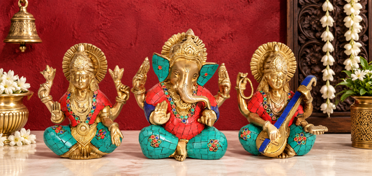 Brassaura® Lakshmi Ganesha Saraswati Idol Set with Multicolor Stone Inlay Work | Pure Superfine Brass Handcrafted Murti | Brass Statue for Home Temple, Pooja Room | Height 8 Inches | Weight 5.4 Kgs