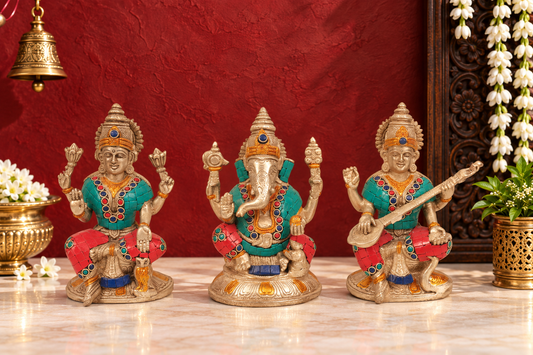 Brassaura® Lakshmi Ganesha Saraswati Idol Set with Multicolor Stone Inlay & Antique Gold Finish | Pure Superfine Brass Handcrafted Murti | Brass Statue for Home Temple, Pooja Room | Height 6.5 Inches | Weight 4.5 Kgs