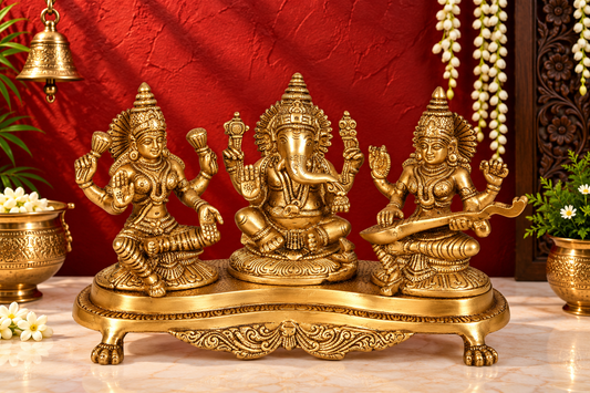 Brassaura® Antique Lakshmi Ganesha Saraswati Idol Set with Ornate Temple-Style Base | Pure Superfine Brass Handcrafted Murti | Brass Statue for Home Temple, Pooja Room | Height 6.1 Inches | Weight 3 Kgs